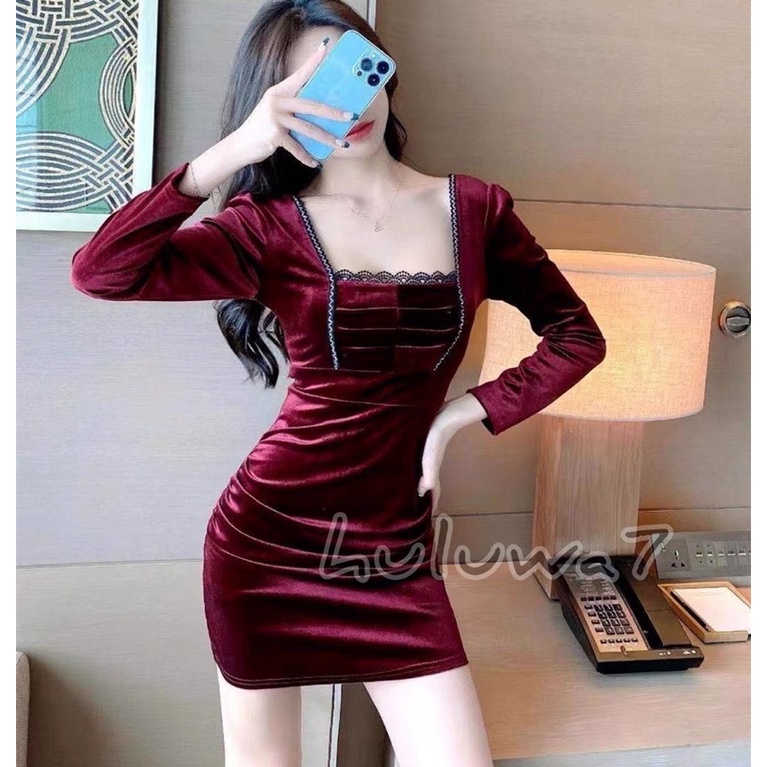 Md20/248 Korean velvet mini dress bodycon long sleeve square neck / Gaun pendek lengan panjang leher kotak bludru