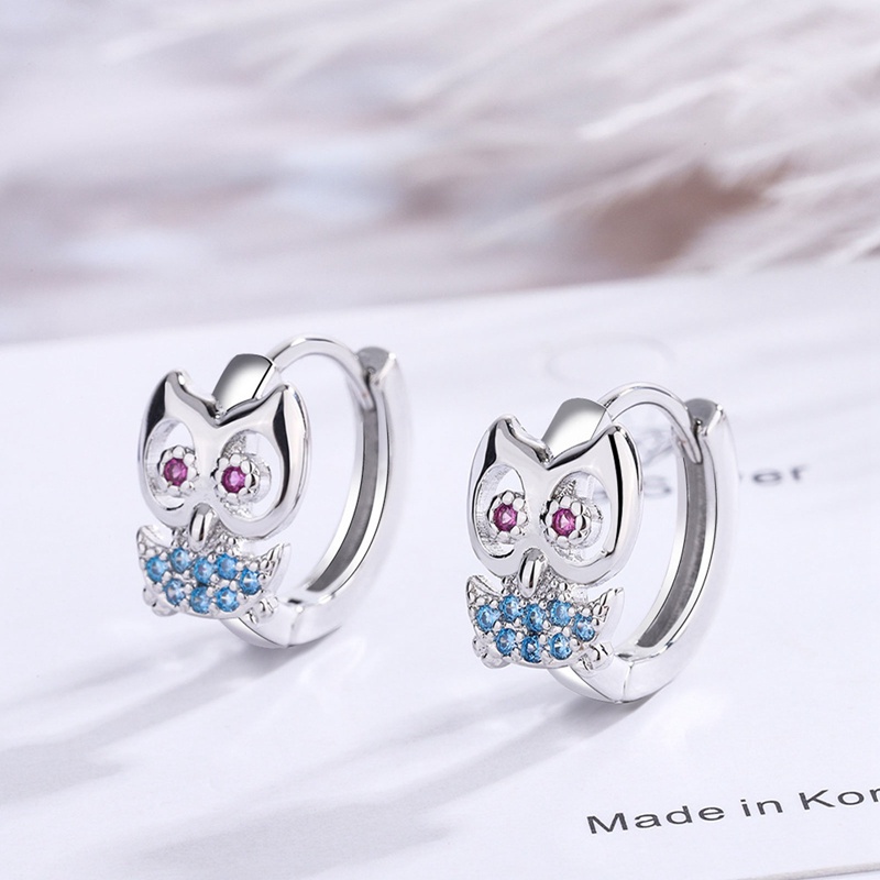 Anting Tusuk Sterling Silver 925 Desain Burung Hantu Hias Kristal Zircon Biru Untuk Wanita