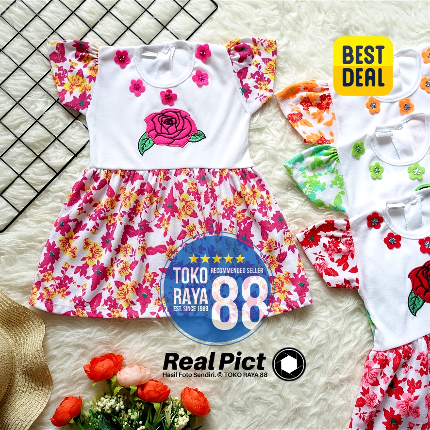 [SDR-RF28] TOKO RAYA 88, Setelan Dress Bayi 3 - 18 Bulan, RED FOREST Mawar, Baju Rok Anak Perempuan,