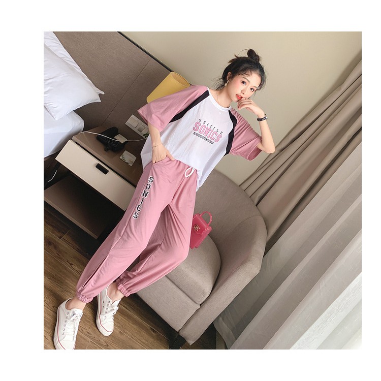 KSE-22 set atasan bawahan celana olahraga wanita import korea jepang cotton biru pink hijau pastel