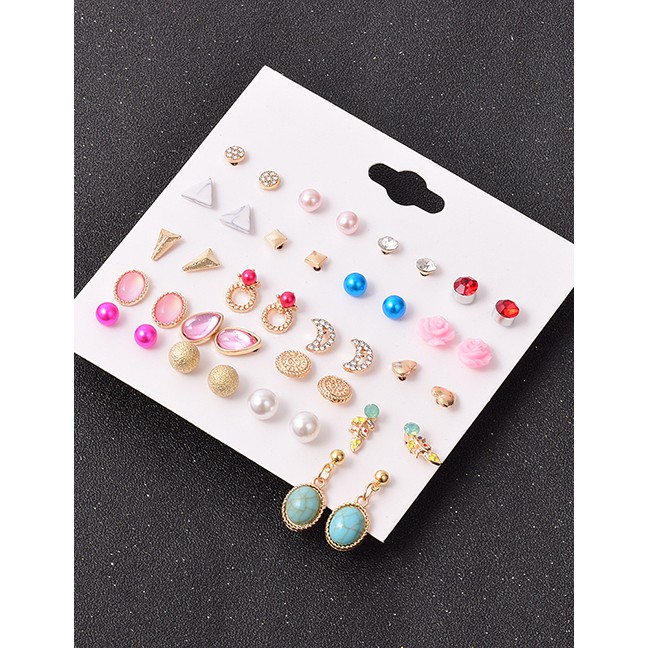 LRC Anting Set Fashion Suit Diamond Heart Resin Pearl Geometric Stud Earring Set P59183