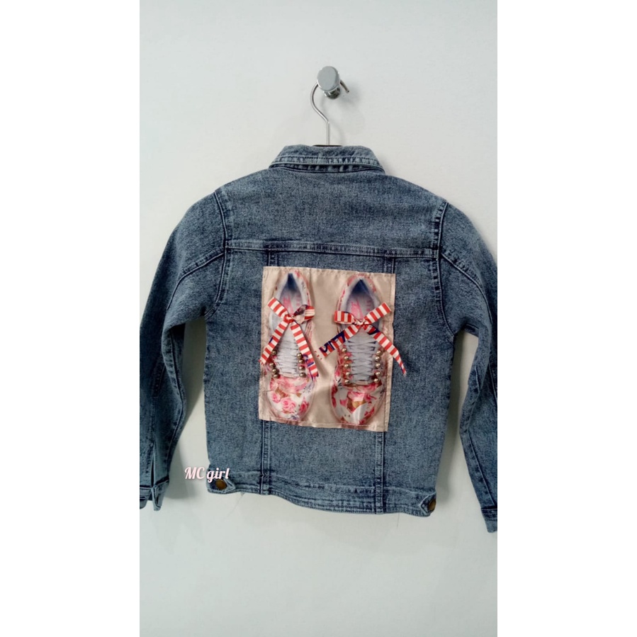MC girl - Jaket Jeans Snow Gambar Pita Belakang Sequin Anak Tanggung Perempuan / Jaket Lepis Snowblue Gambar Belakang Pita Manik Remaja / Jaket Jins Snow Blue Gambar Sepatu Pita Belakang Wanita