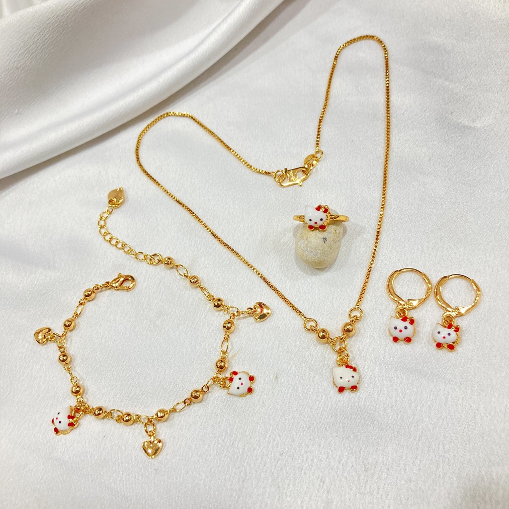 Set Perhiasan Anak Kalung Gelang Cincin Anting Cat Merah Lapis Emas