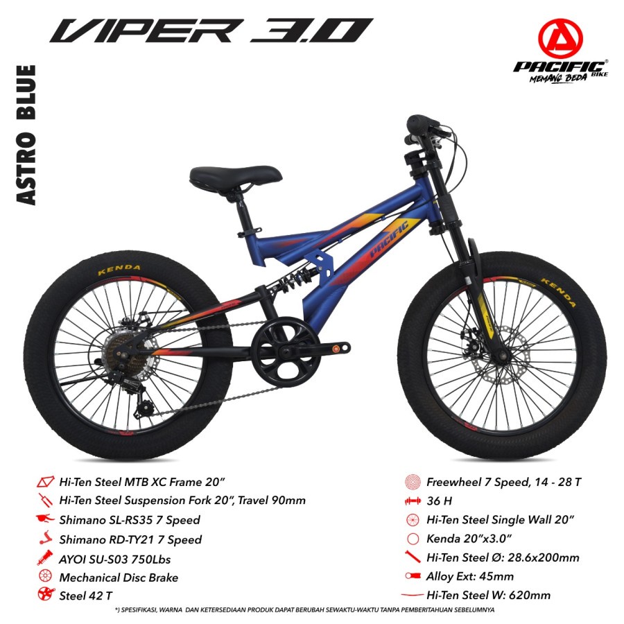 SEPEDA GUNUNG ANAK PACIFIC VIPER 3.0 20“ 7 SPEED FRAME STEEL MECHANICAL DISC BRAKE MOUNTAIN BIKE