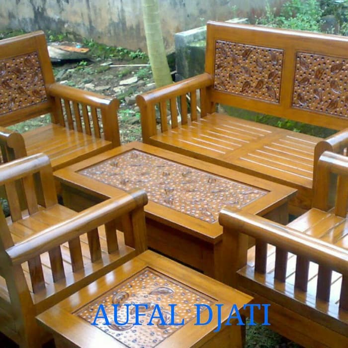 meja kursi tamu gelung minimalis top jati ukir ukiran daun runtuh