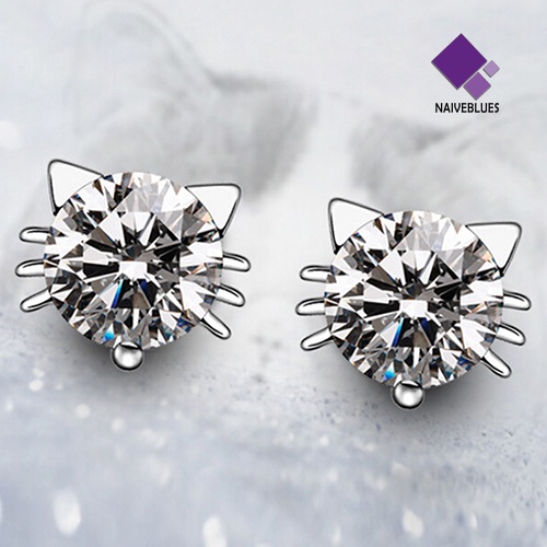 Naiveblue Anting Tusuk Sterling Silver 925 Desain Telinga Kucing Hias Zircon Untuk Wanita