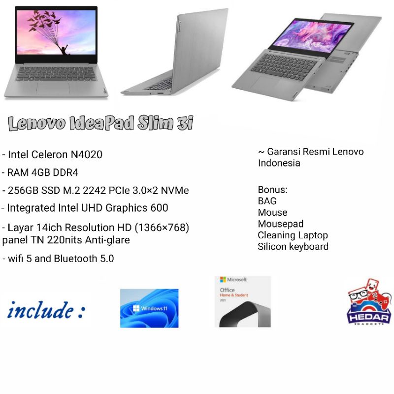 Lenovo Ideapad slim 3i N4020 4Gb 512Gb SSD W11 OHS 14 HD