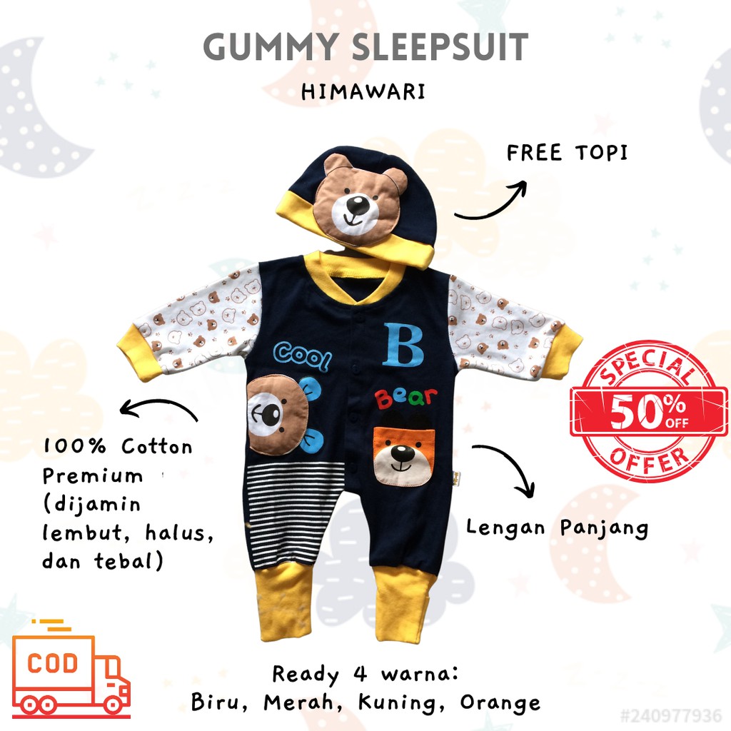 Sleepsuit HIMAWARI - Sleepsuit Bayi Sleepsuit Anak Jumper Anak Lengan Panjang Jumper Katun Free Topi