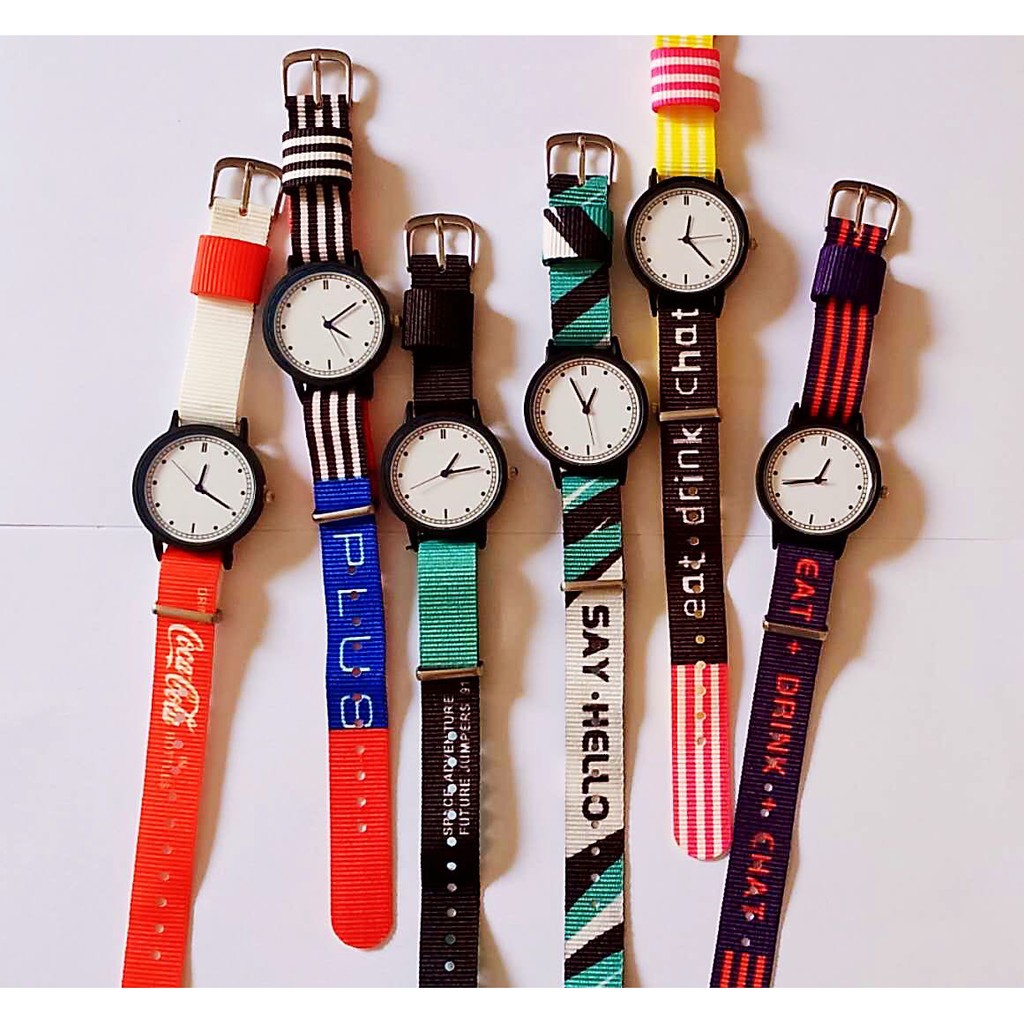 Jam Tangan Analog Gaya Korea Strap Nylon / Jam Tangan Strap Nylon Motif Tulisan Unisex