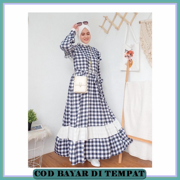 Baju Pesta Wanita Muslim Kondangan Brukat Mewah Elegan Gaun Muslimah Terbaru 2021 2022 Maxy Dress Ririn Full Tile Lebaran Bhan Brokat Import Lengan Balon Fit M L 2 Cm Cod - Ana Square Maxy Dress Gamis Muslim Katun Kotak Kotak Premium