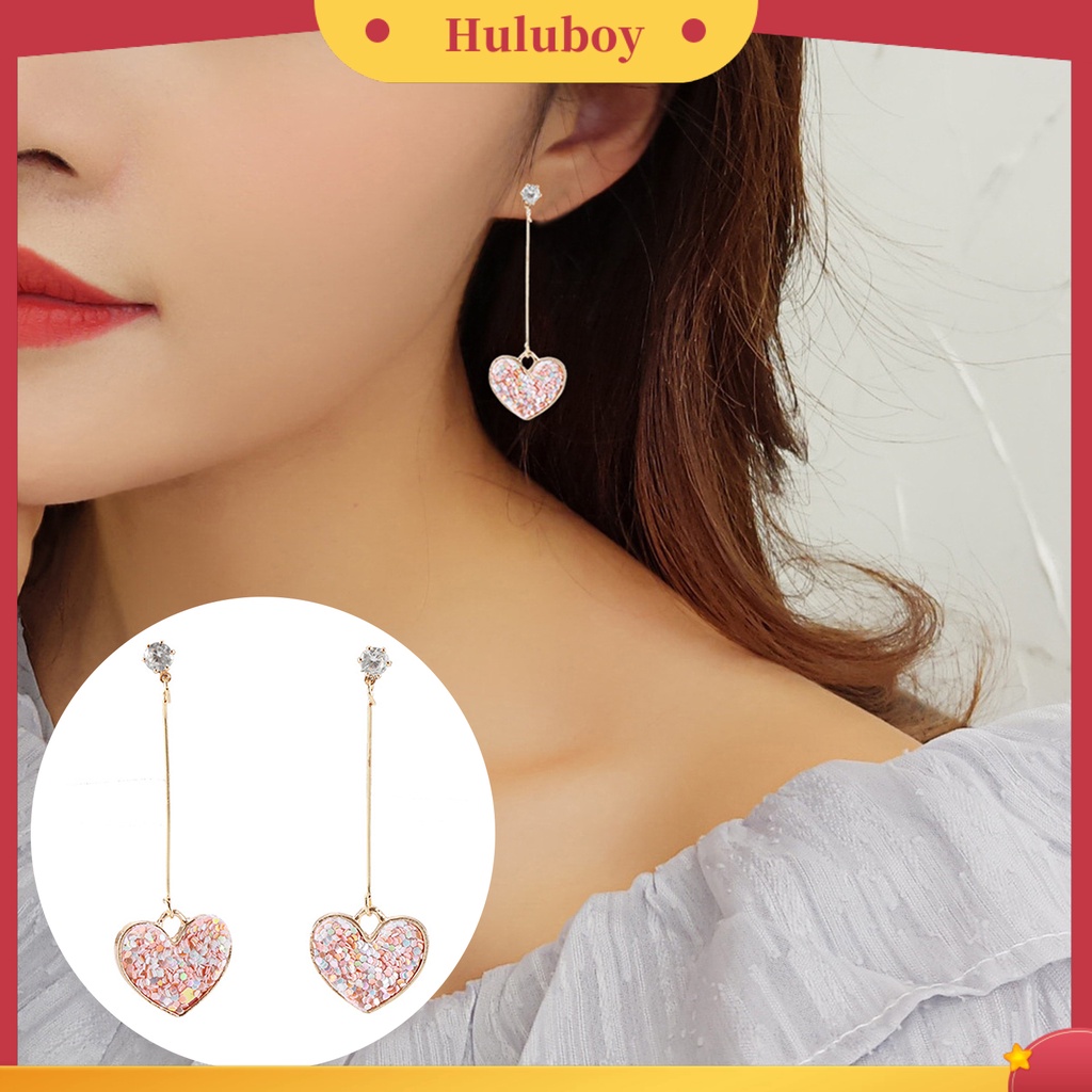 Hu Hu Hu Hu Hu Alat Bantu Pasang Kacamata♡ 1 Pasang Anting Stud Panjang Bentuk Hati Aksen Payet Bahan Alloy Untuk Hari Valentine