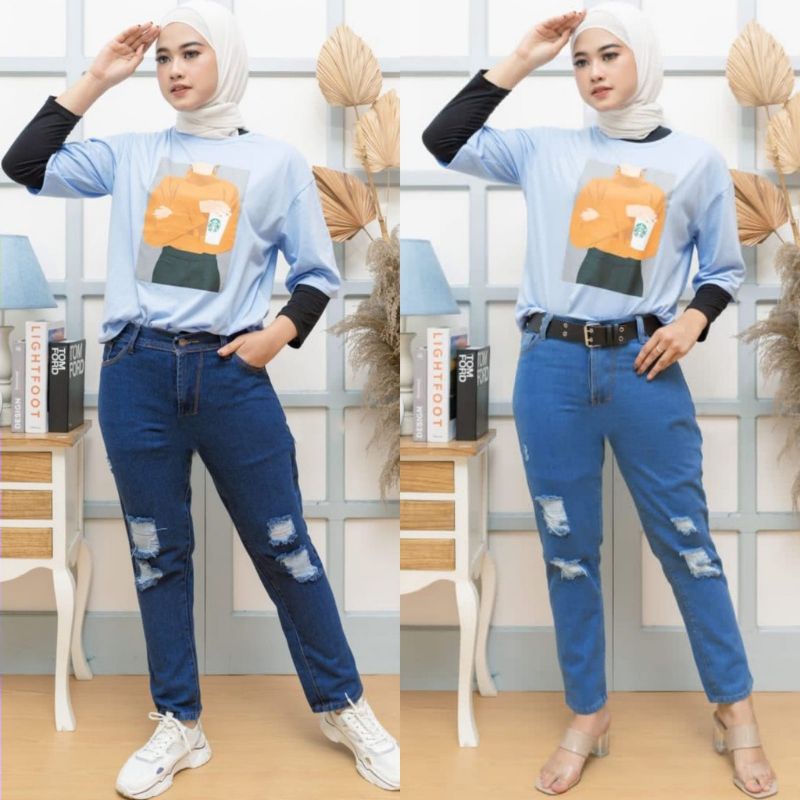 CELANA BOYFRIEND JEANS SOBEK LAPIS FURING // CELANA JEANS BOYFRIEND WANITA