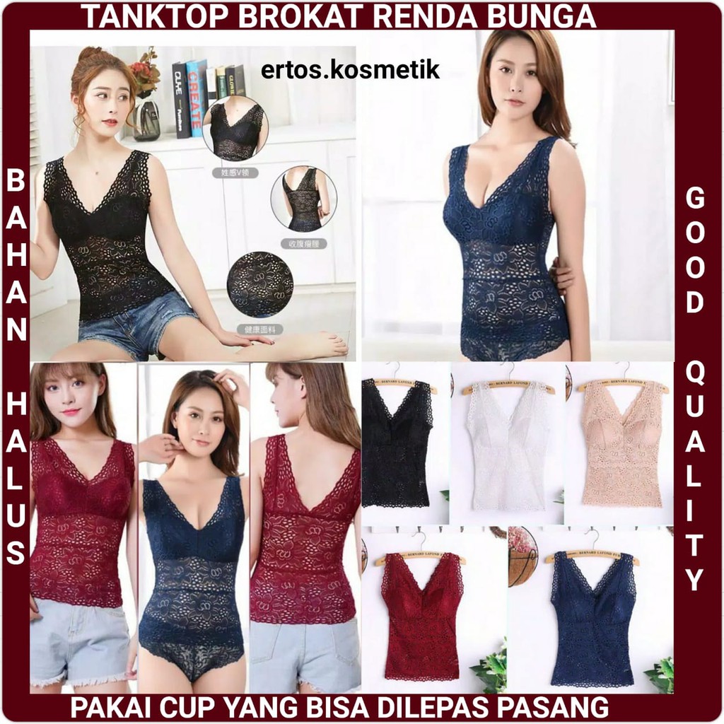 ATASAN TANKTOP TANK TOP KAMISOL V NECK PANJANG RENDA BRUKAT BROKAT PAKAI CUP BUSA