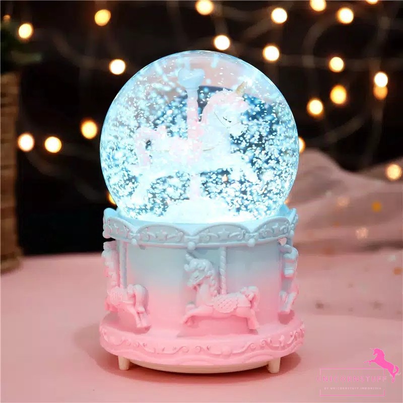 Snowball Unicorn Kotak Musik Lampu Kamar Anak Warm White Kado Anak Music Box Mainan Music Snow ball