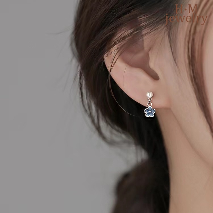 2022 Anting Tusuk Gantung Desain Bunga Hias Mutiara Warna Biru Untuk Wanita