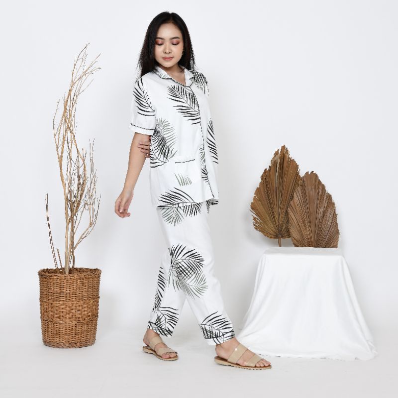 Baju Tidur Piyama Wanita Dewasa Motif Big Coco Daun CP Lengan Pendek Celana Panjang Kekinian