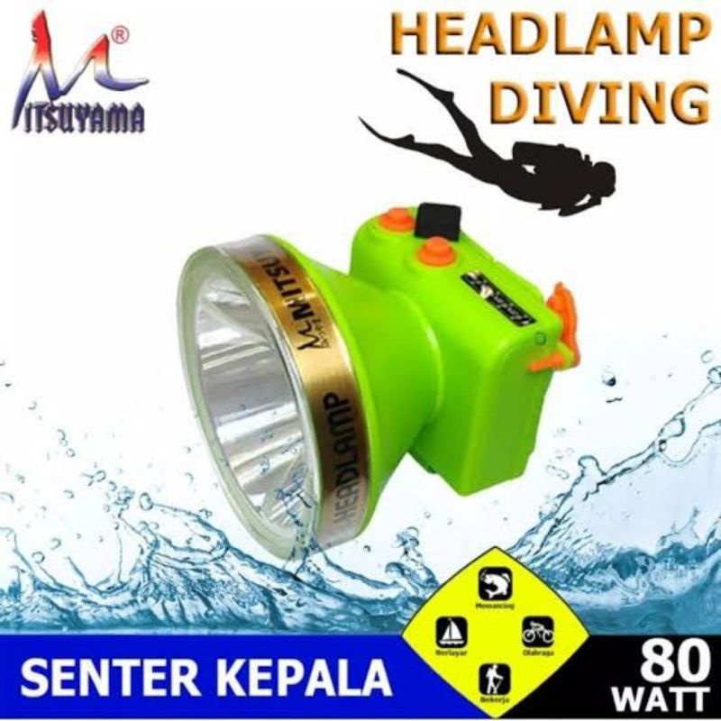 Senter Kepala Diving LED 80W Mitsuyama MS-216P / MS-216K Senter Kepala Selam LED 3 Mode Cahaya Bisa Kedip Headlamp Waterproof