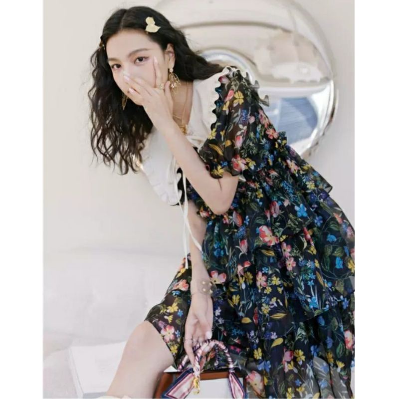 MDLV ~ 1894# Rosaria Tiered Mini Dress Layer Flower Dress Premium Korea Fashion import