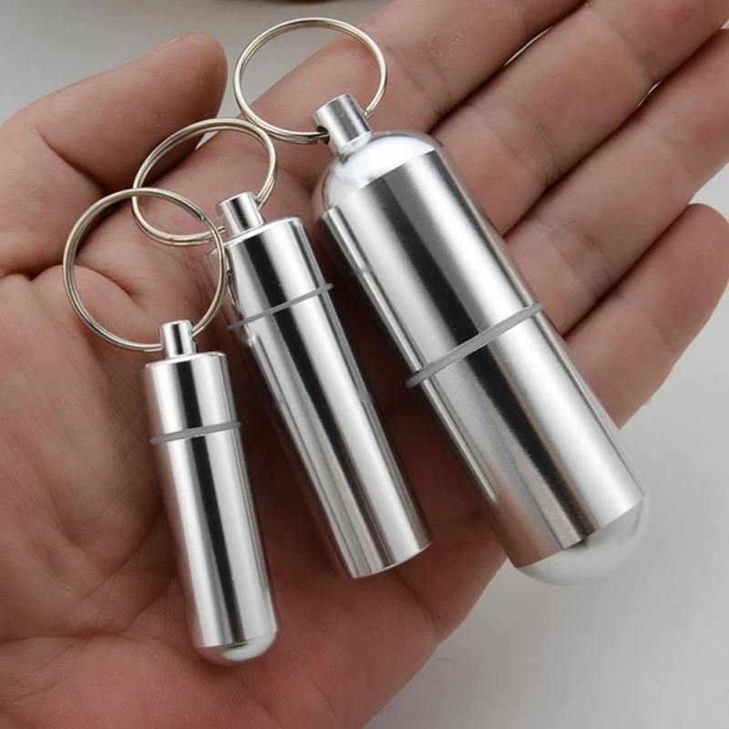 Pill Organizer Outdoor Dengan Gantungan Kunci Kotak Penyimpanan Fashion Aluminium Alloy Tahan Air Mini Seal Pill Box Portable Halus Novelty Metal Multifungsi Botol Pil