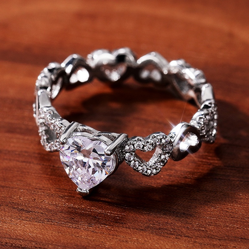 Cincin Berlian Kristal Berbentuk Hati Sederhana Perak Fashion Wanita Pernikahan Rings