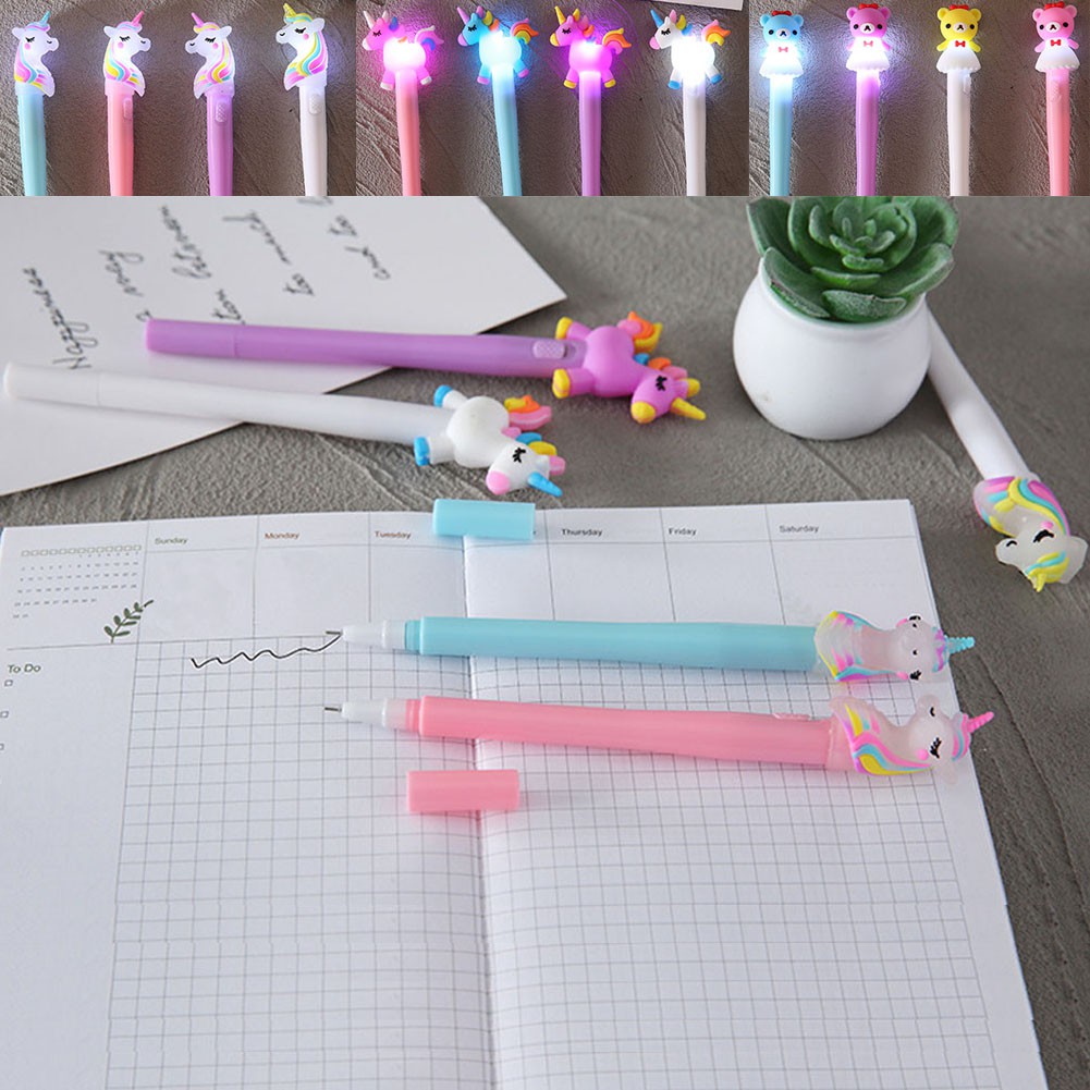 TK 1Pc Pulpen Gel Bentuk Beruang/Unicorn dengan Lampu LED untuk Pelajar/Hadiah