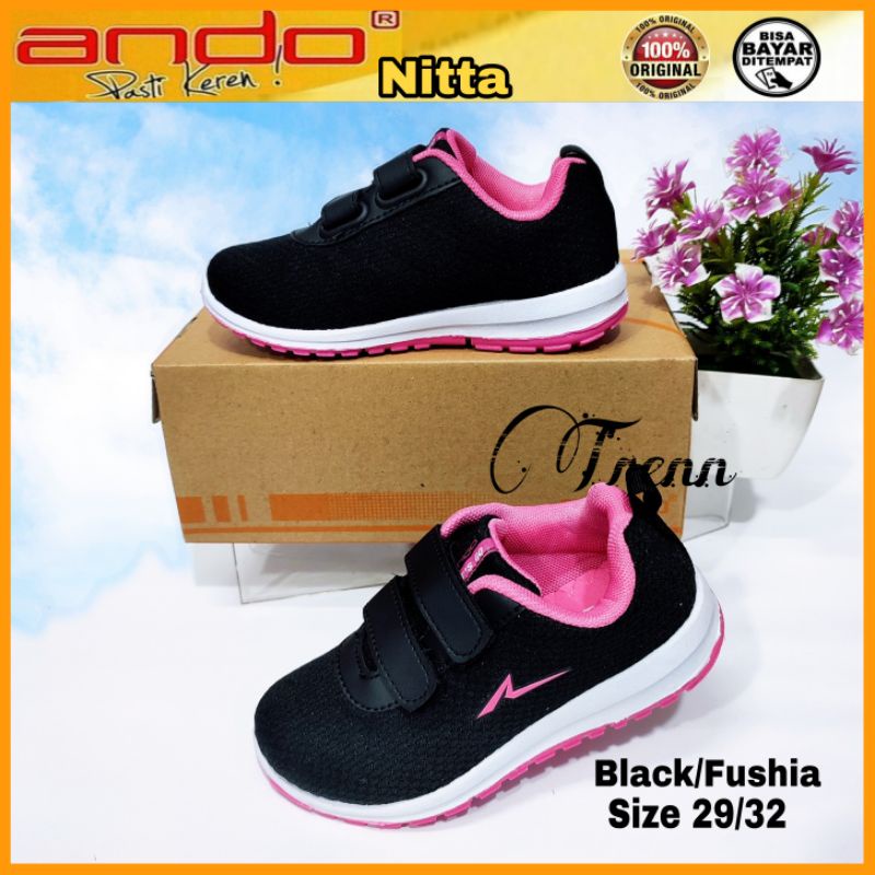 Sepatu Anak Perempuan Cewek Kecil Sekolah Kekinian Ando Annie Rebecca Saga Velcro Perekat Hitam Pink Size 29 - 32