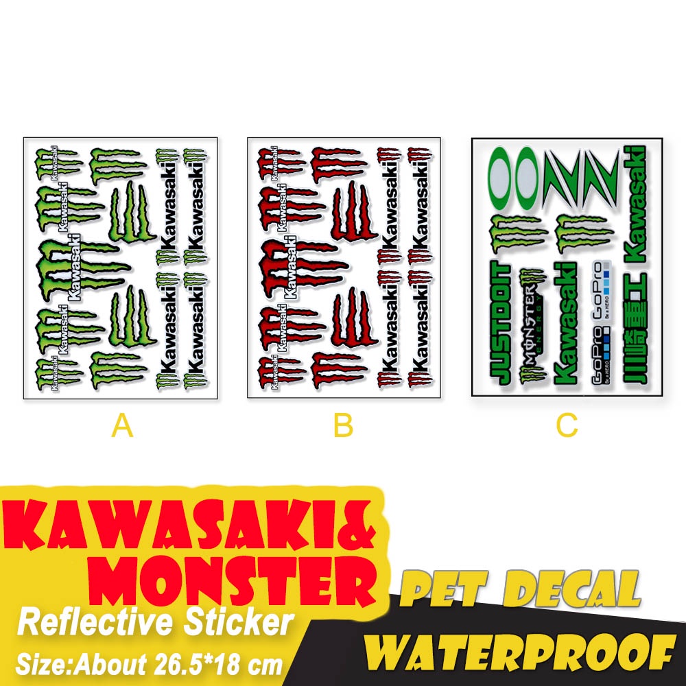 Stiker Reflektif Motif Logo Kawasaki &amp; Monster Tahan Air Untuk Dekorasi Helm Motor