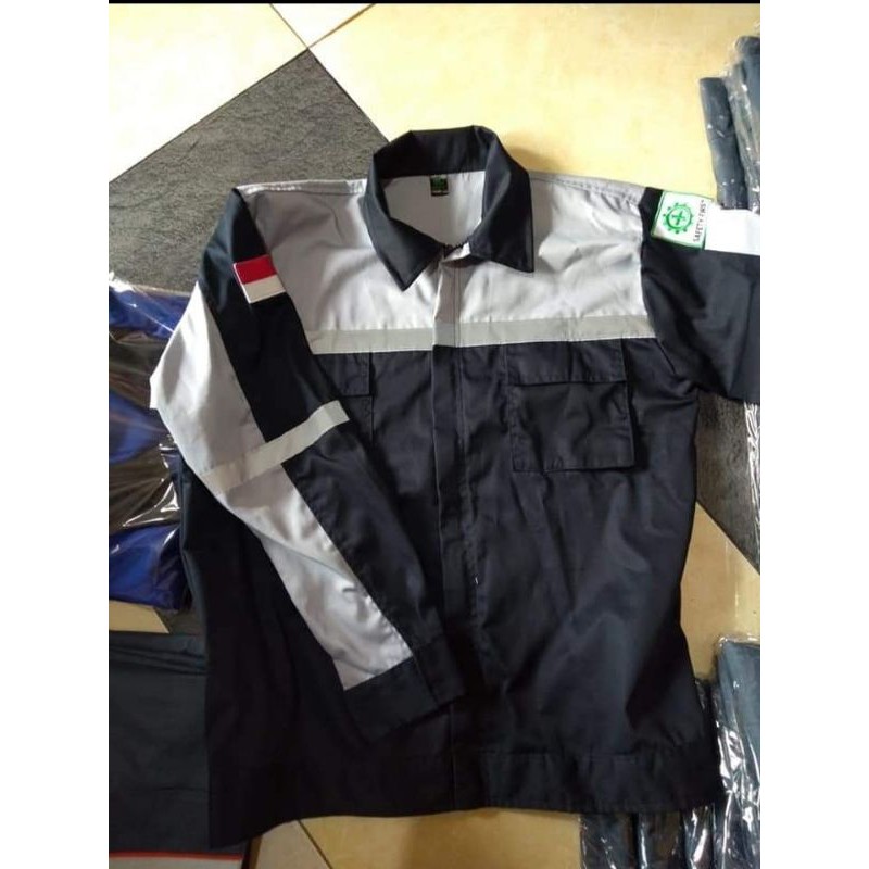 RESLETING BAJU SAFETY DONGKER GELAP CREM BERLOGO K3 BENDERA SERAGAM ATASAN WEARPACK