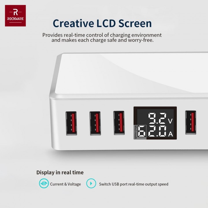 ROCKWARE WLX-T9 Plus - Intelligent 6 USB Charger LED Display - 40W