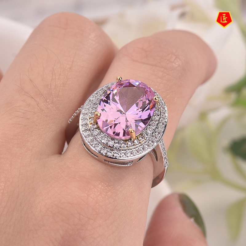 [Ready Stock]Micro-Inlaid Pink Diamond Ring Elegant Personality