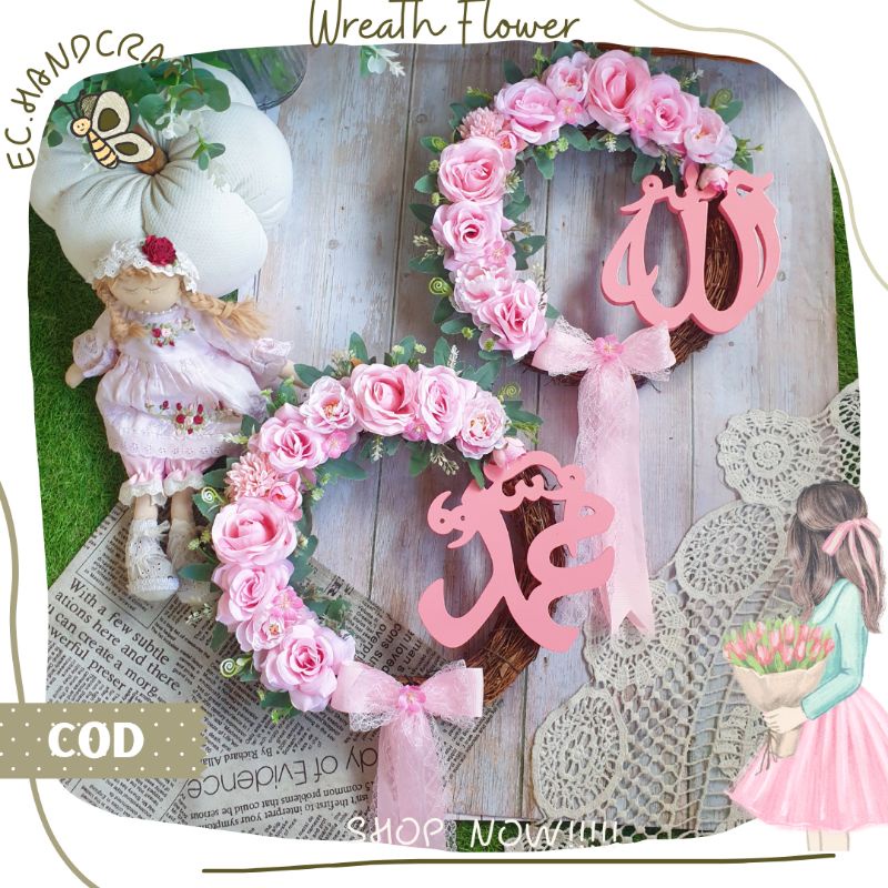 Hiasan Dinding Hiasan Pintu Wreath Flower Akar Tulisan Allah Muhammad Homedecor