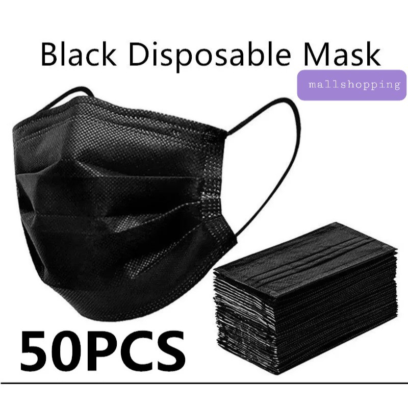 (COD) Masker Hitam Masker Earloop Dispossable Mask ISI 50PCS Kemasan NO GARANSI H214 MALL SHOPPING