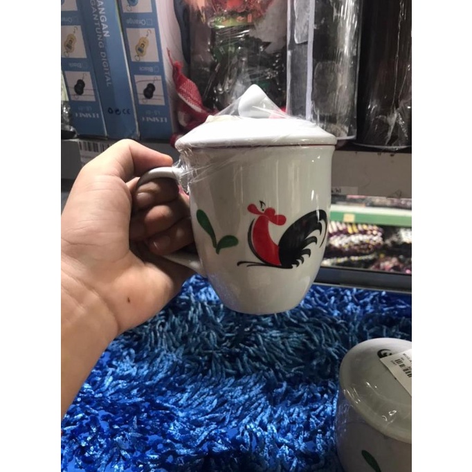&<&<&<&] Gelas motif ayam Kopin - Gelas mug + tutup gambar ayam jago