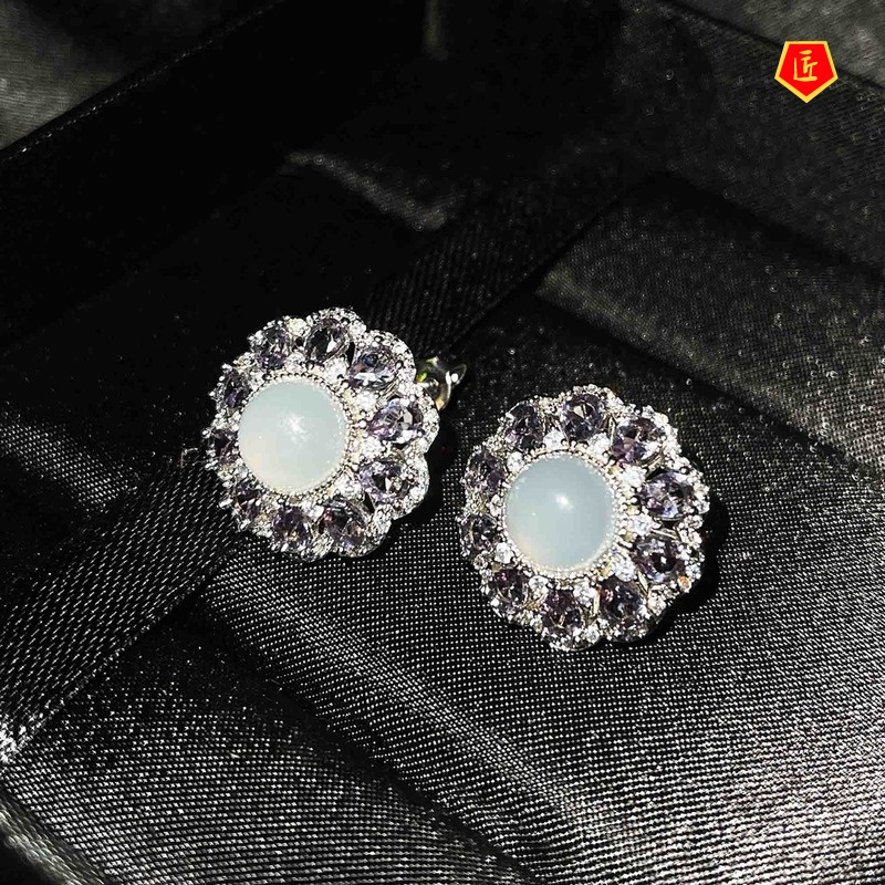 [Ready Stock]Natural White Chalcedony Necklace Ring Ear Stud Suit