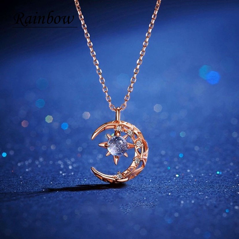 Kalung Rantai Klavikula Hias Liontin Bulan Bintang Model Hollow Bahan Zirkon Untuk Wanita