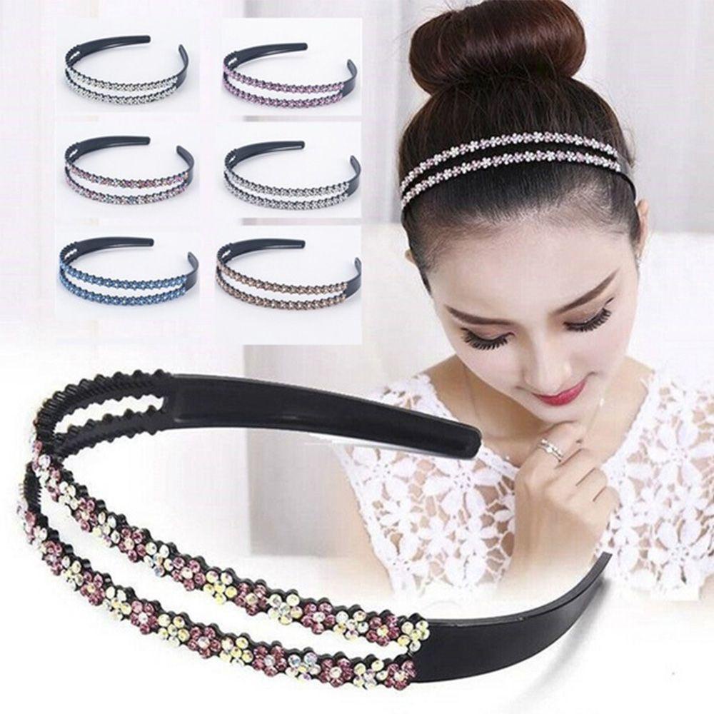 NEEDWAY Bando Korea Sederhana Penuh Berlian Imitasi Anti-slip Baris Ganda Plum blossom Hair Band