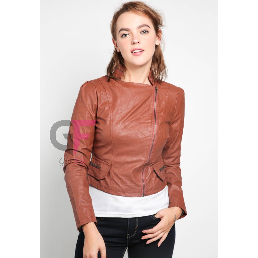 GIOFLO Jaket Wanita Semi Kulit Casual Modis Coklat / JAKW 146