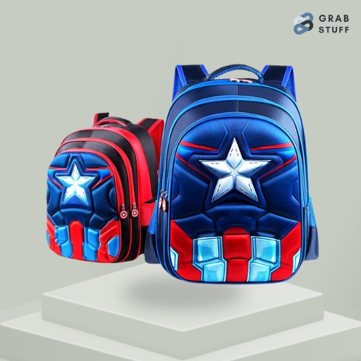 Tas Sekolah Anak Bentuk Karakter Kartun Captain America Marvel Superhero / Backpack Tas Ransel Anak TK Paud Playgroup SD Laki Laki Pria Cowo Cowok Desain Superhero Capten Captain Amerika Keren Bahan Halus Lembut Tebal Timbul Quality Premium Anti Penyok