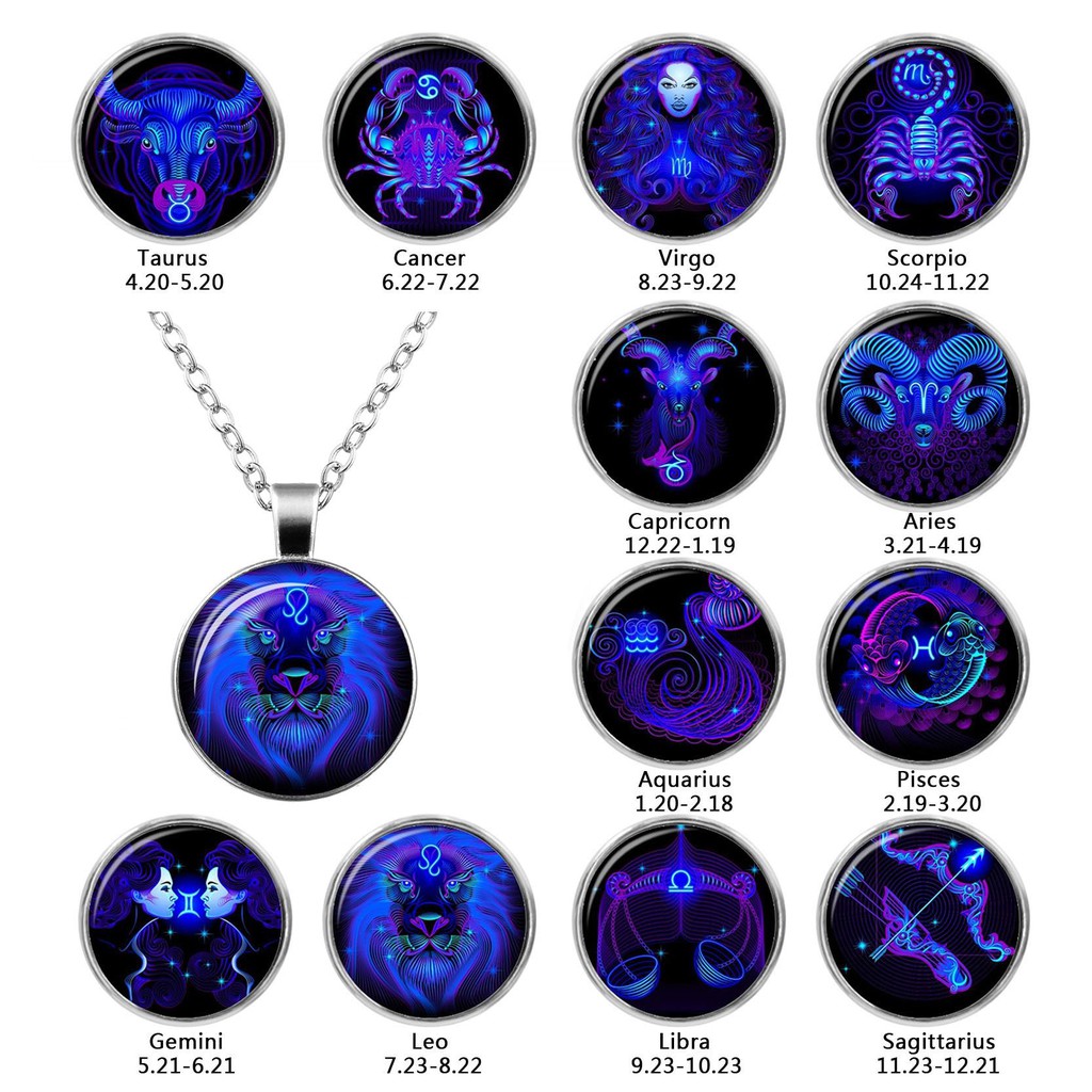 KALUNG ZODIAK 12 ZODIAC HOROSCOPE LIONTIN KACA TALI RANTAI ATAU KULIT (MODEL NEON BIRU)