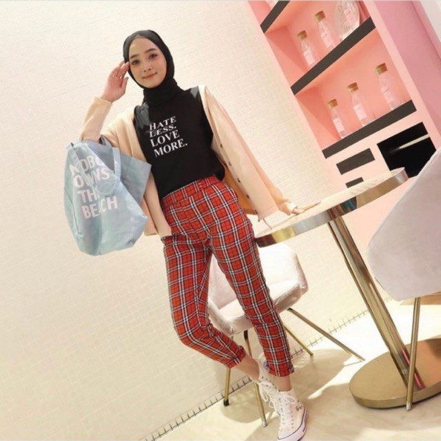  TARTAN  BOXY PANTS celana  motif kotak saku bahan katun 