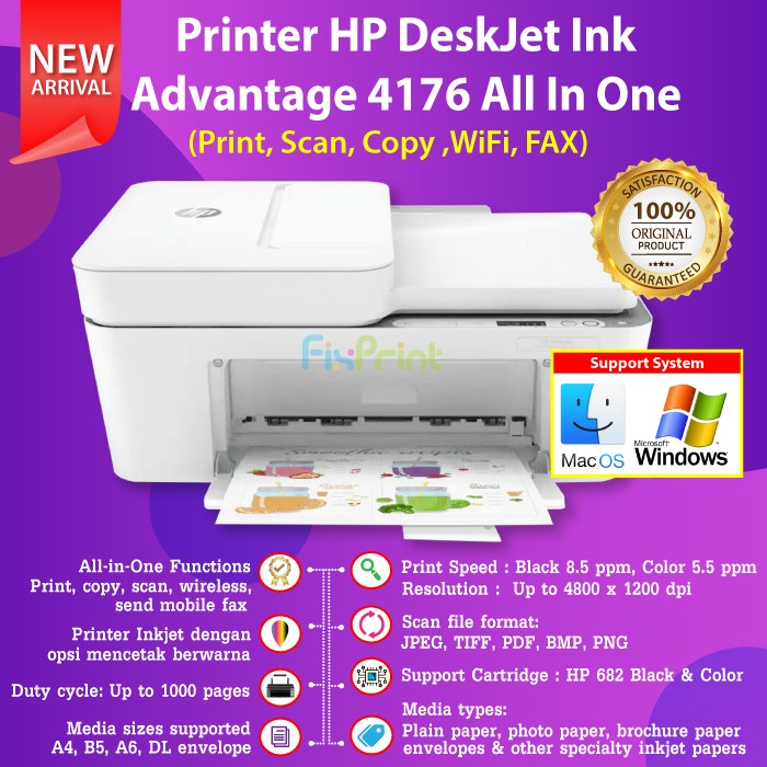 Printer HP DeskJet Ink Advantage 4176 Print Scan Copy WiFi FAX ADF FI229