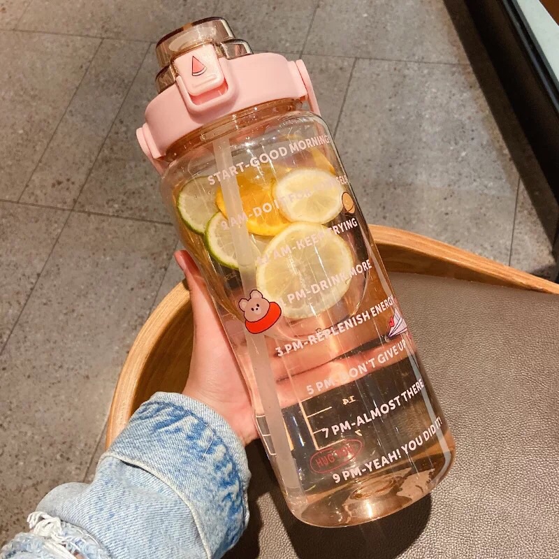READY STOCK Botol Minum Pastel Sticker Jumbo 2L Seperti Quifit / Botol Reminder / Botol Unik-PINK BENING