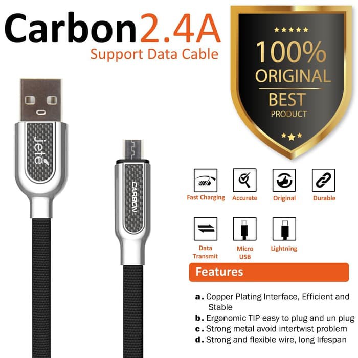 JETE CARBON KABEL LIGHTNING 2.4A GARANSI RESMI JETE TERMURAH