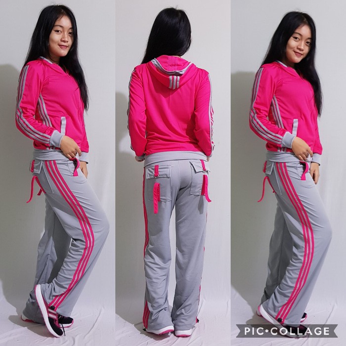 Setelan Baju Senam Lapangan Adidas Pink Abu Zumba Aerobik Hijab Muslim