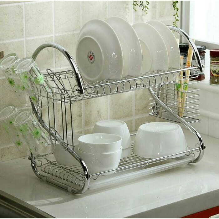 Rak Piring Gelas Besi Stainless Krom 2 susun Minimalis Rak Piring Gelas Besi Stainless Krom 2 susun Minimalis