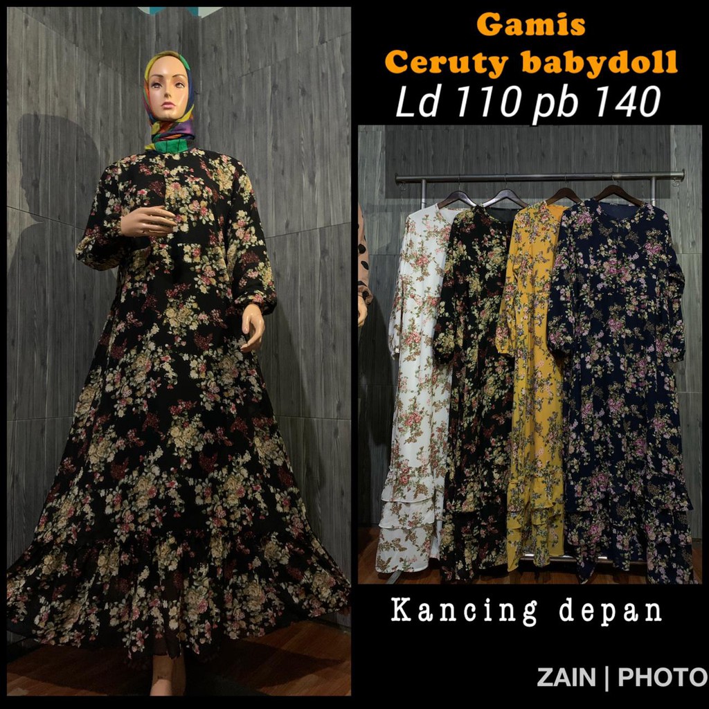 Gamis Wanita Motif Bunga Bahan Ceruty Babydoll Full Furing Gamis Jumbo Kondangan Wanita - XELLEA