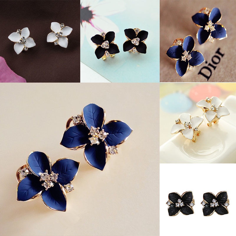 Anting Klip Desain Camellia Sapphire Biru Tiga Dimensi