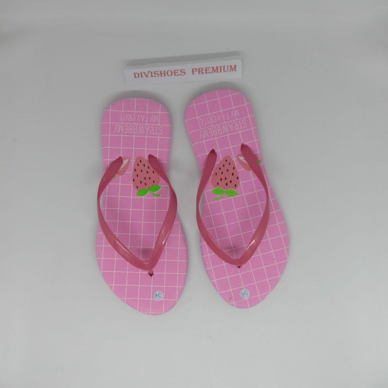 Sendal Jepit Wanita Spon Tali Karet Motif Strowberry JPT06