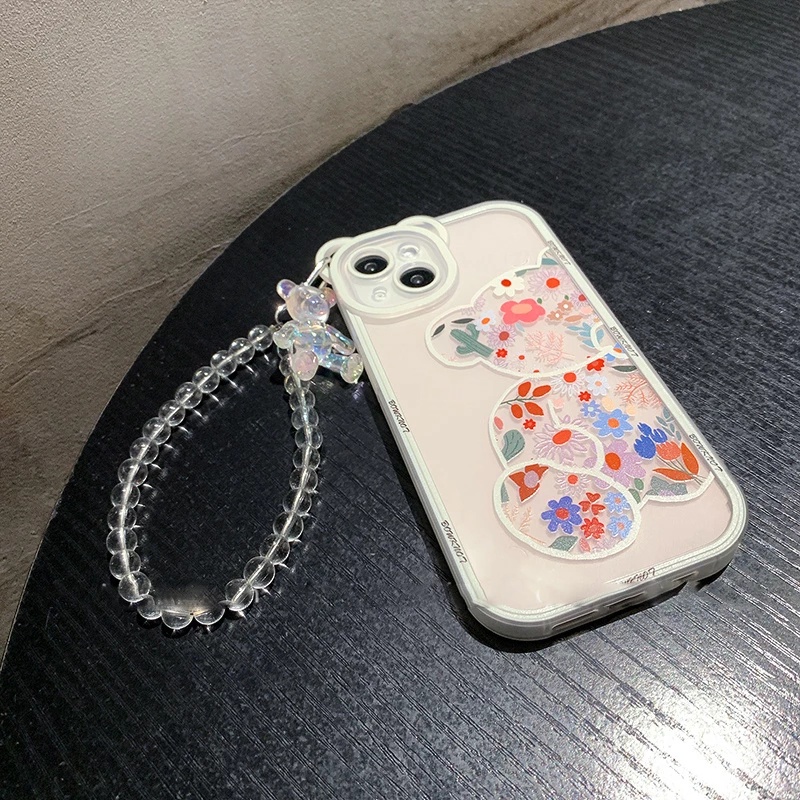 IPHONE Kartun Lucu 3D Beruang Gelang Lembut Silikon Ponsel Case Untuk Iphone13 12 11 14 Pro Max XR X XS 6 7 8 Plus SE Mini flower Cover