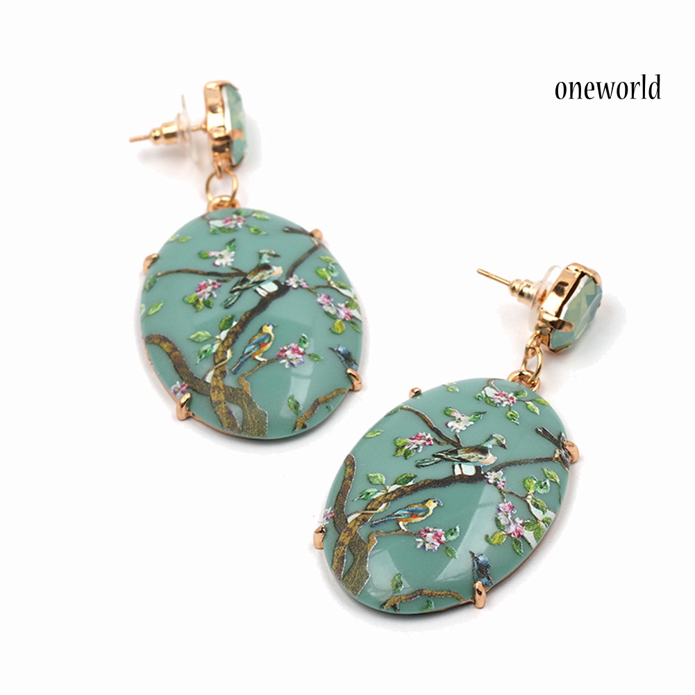 OW@ Retro Women Floral Oval Faux Gemstone Dangle Earrings Eardrop Party Jewelry